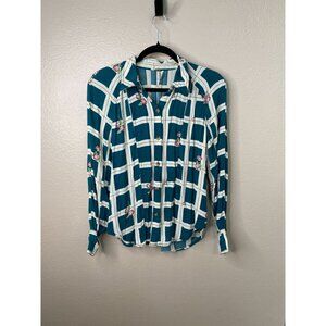 Free People XS Button-Up Plaid Floral Long Sleeve Blouse Teal Ivory Viscose
